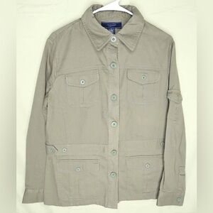Jones Wear Shirket Shirt Jacket Solid Tan Button Up Pockets Utility Military EUC